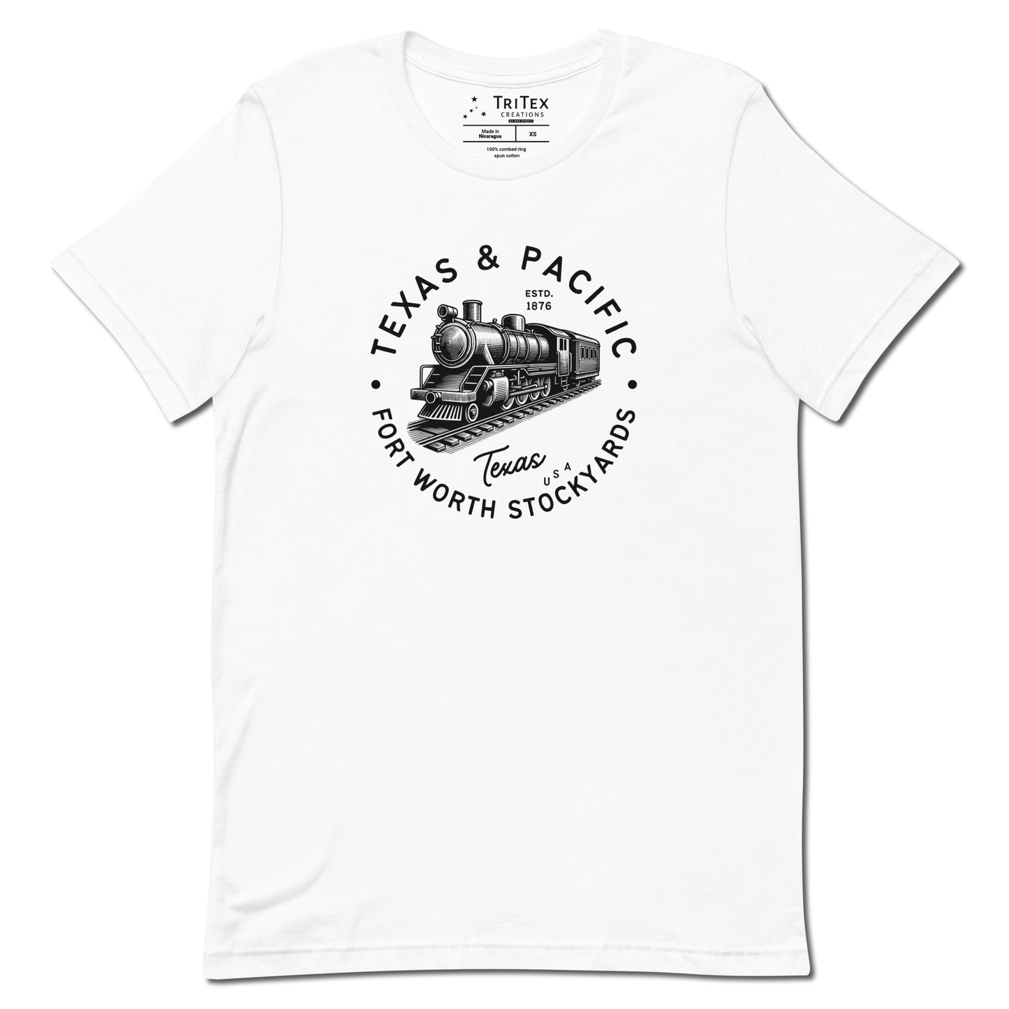 A white t-shirt featuring a vintage illustration of a locomotive with the words "Texas & Pacific. Fort Worth Stockyards. Texas USA".