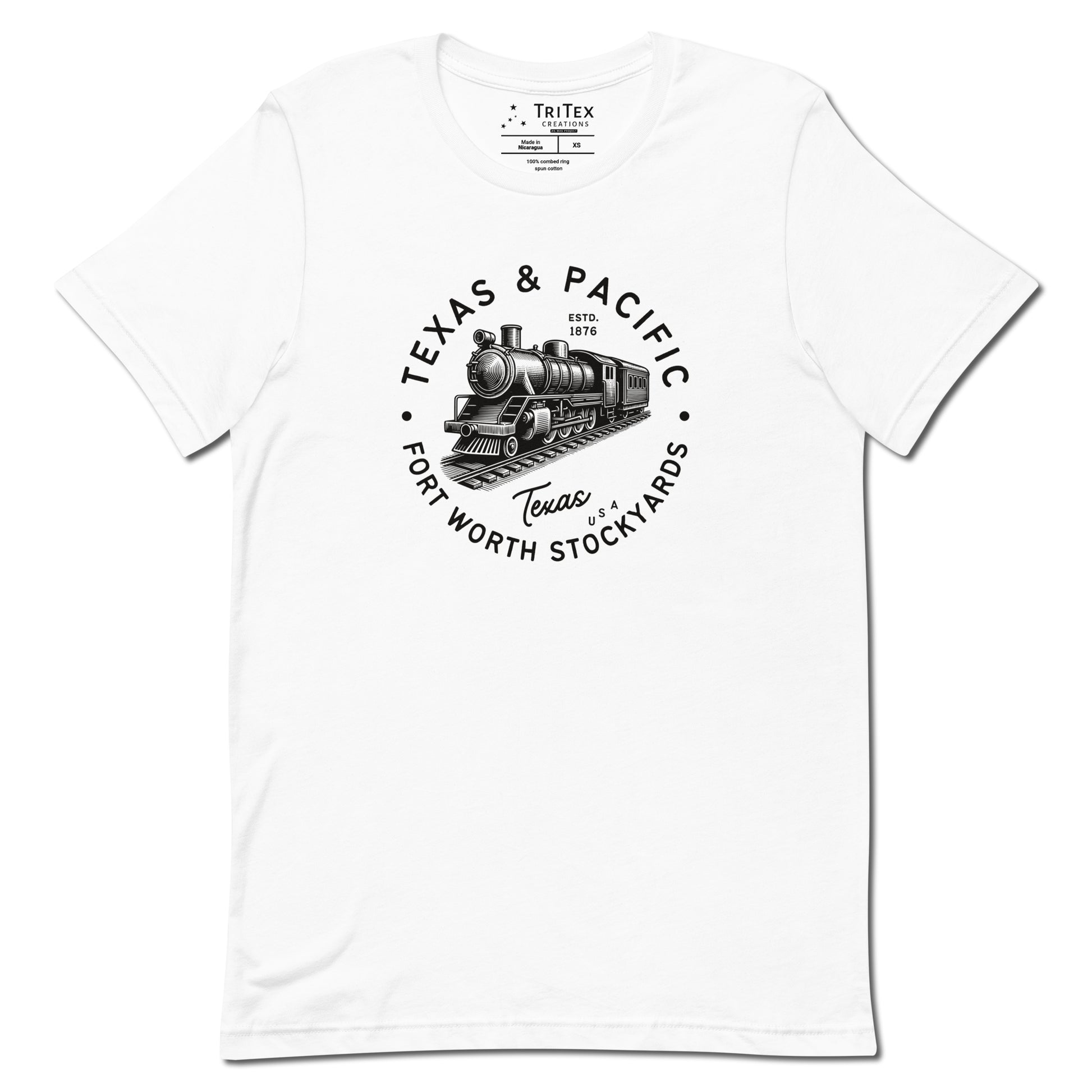 A white t-shirt featuring a vintage illustration of a locomotive with the words "Texas & Pacific. Fort Worth Stockyards. Texas USA".