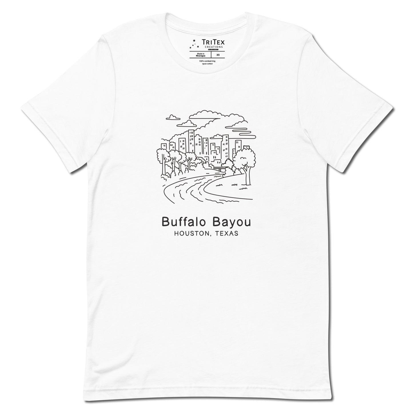 A white t-shirt featuring an sketch of a Buffalo Bayou Park with the words "Buffalo Bayou Houston, Texas" underneath.