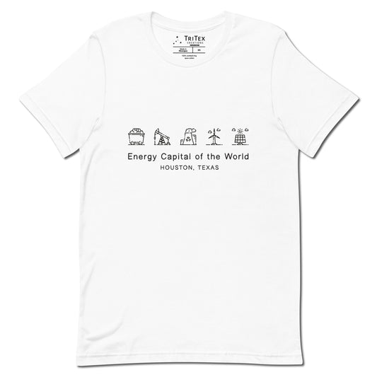 A white shirt with illustrations of different energy production methods with text reading "Energy Capital of the World Houston, Texas"