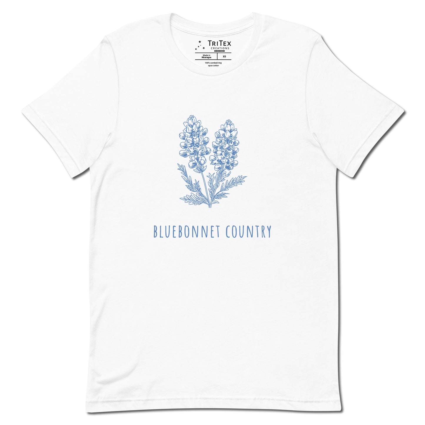 A white t-shirt featuring an image of a bluebonnet flower with the words "Bluebonnet country" underneath.