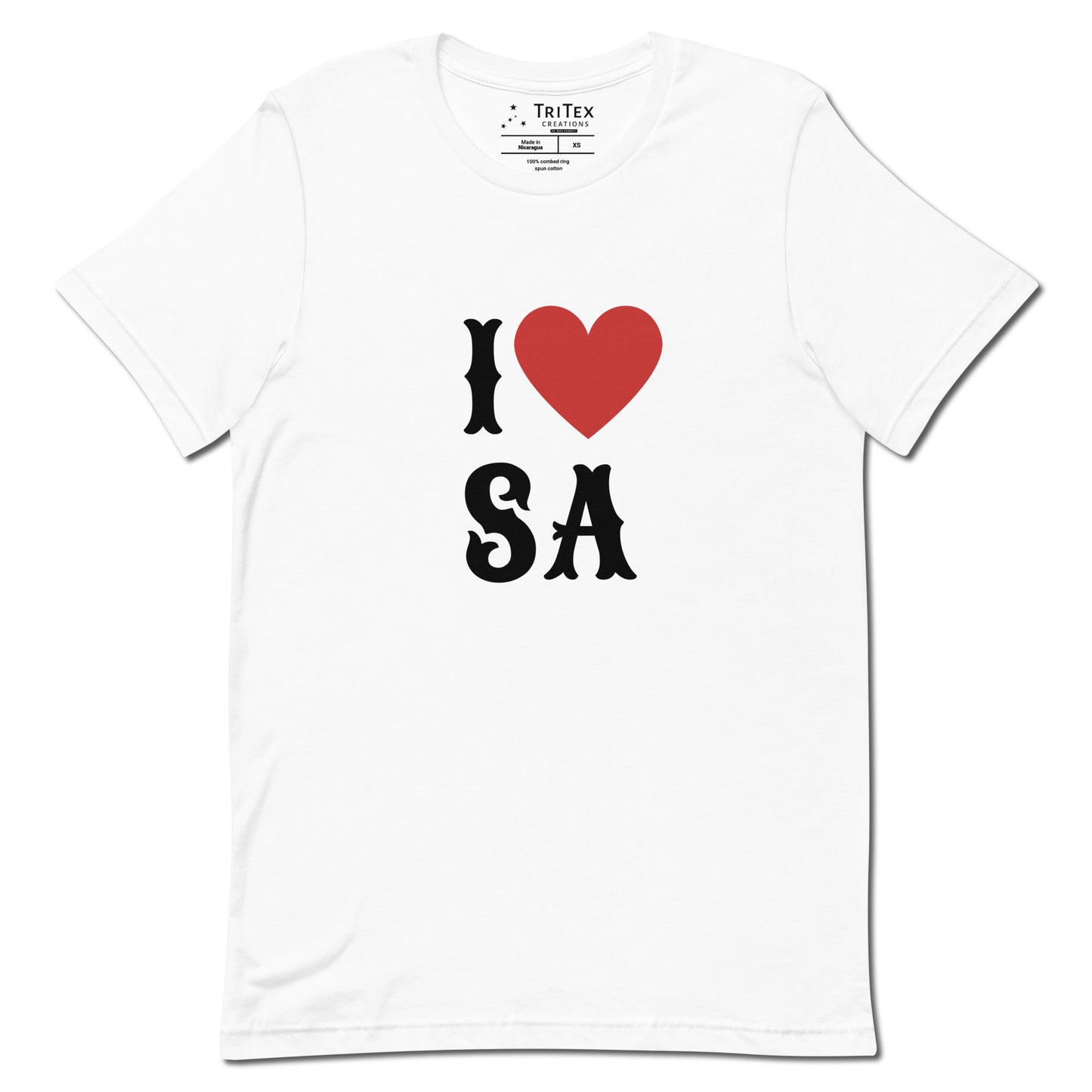 A white shirt with the text "I Love SA".