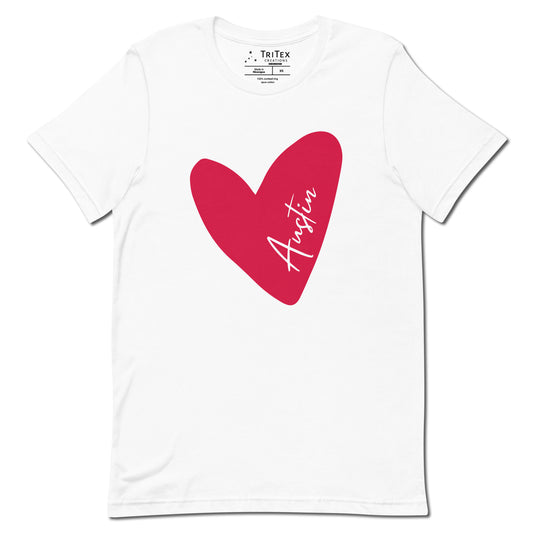 A white t-shirt featuring a heart with Austin written in it.