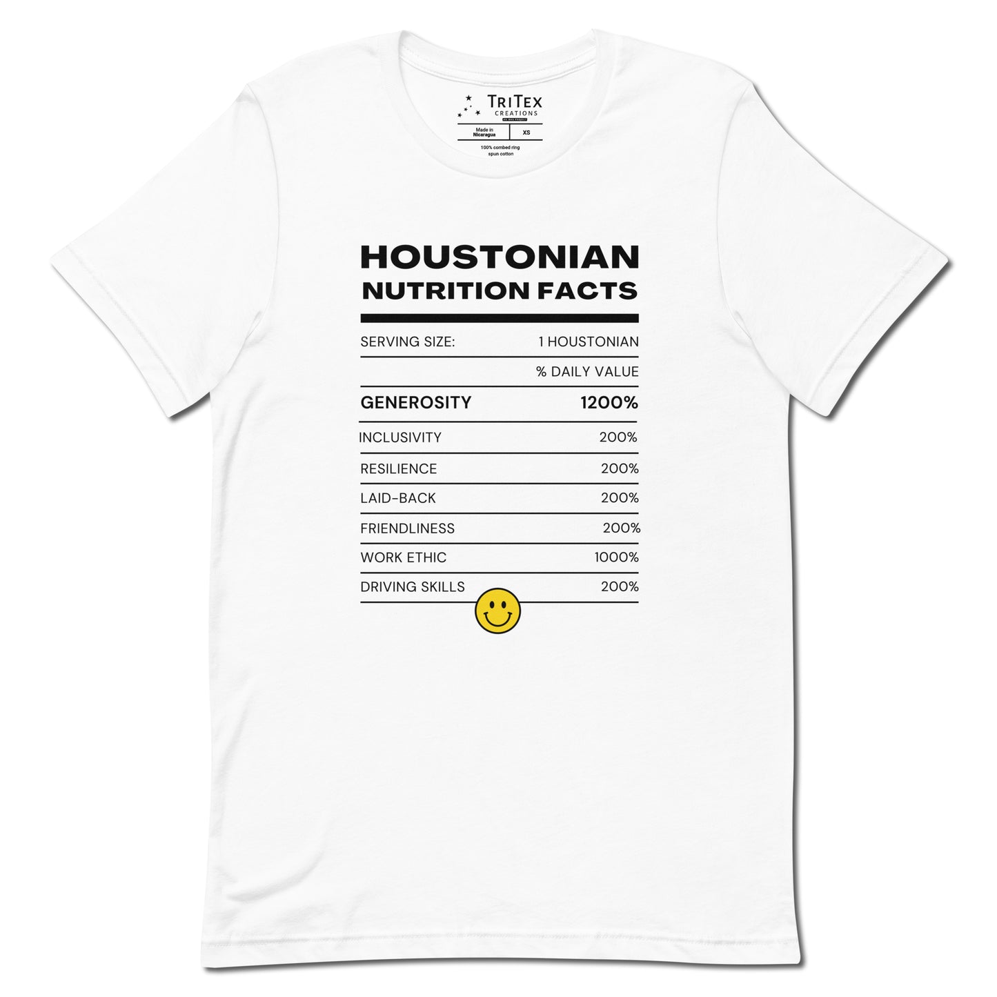 A white t-shirt with a list of descriptive characteristics of someone that lives in Houston.