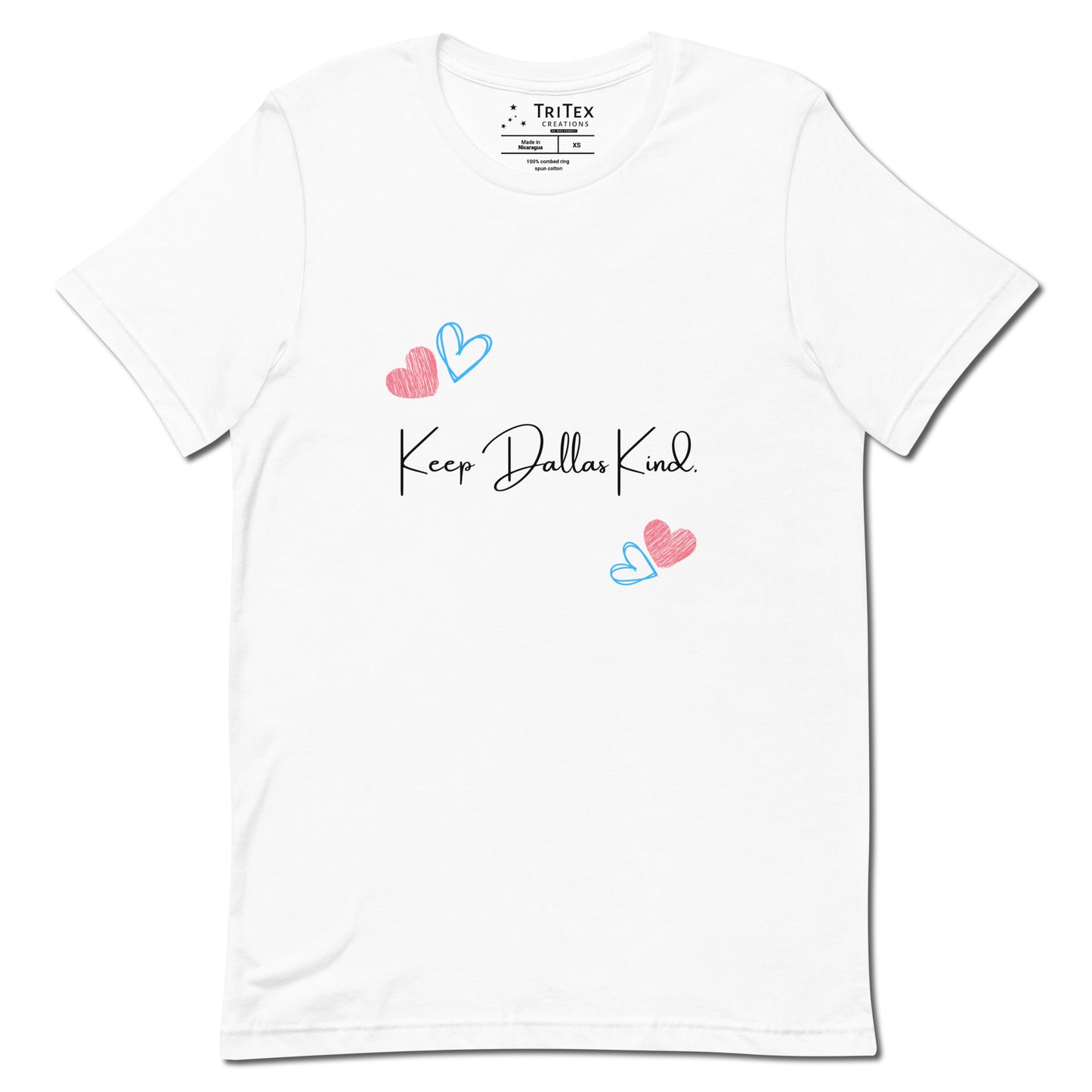 A white t-shirt with hearts and the text "Keep Dallas Kind".