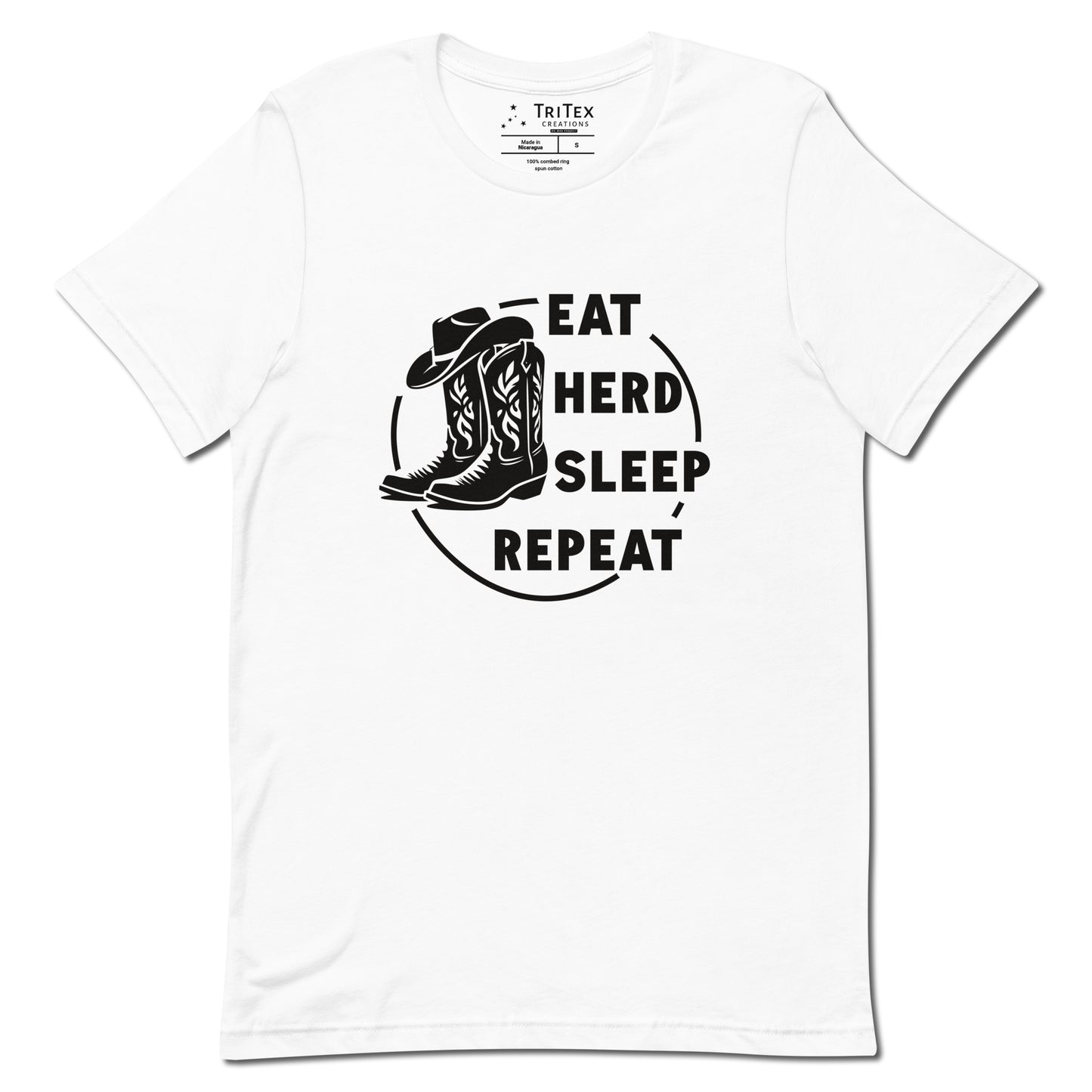 A white t-shirt featuring boots and a cowboy hat with the words "Eat, herd, sleep, repeat".