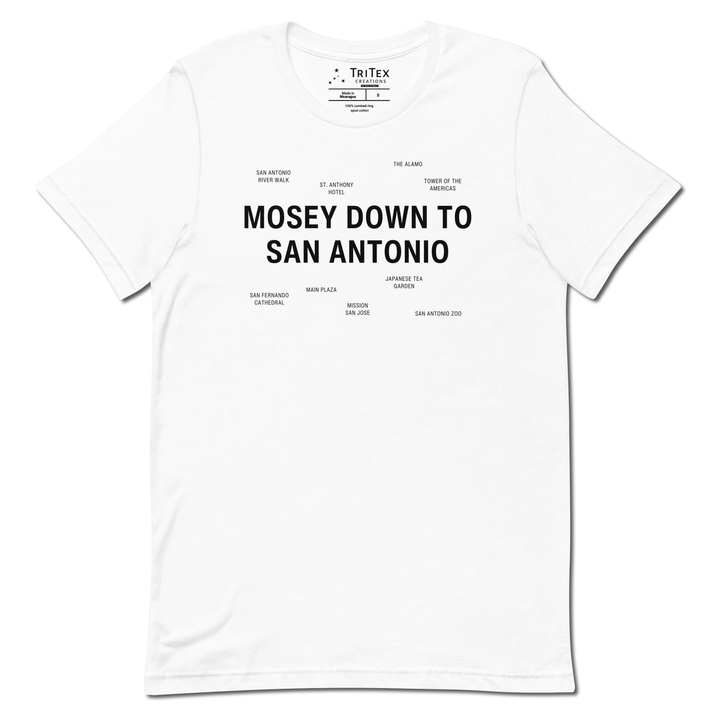 A white t-shirt which reads "Mosey Down To San Antonio" in big, bold text with smaller text elements naming San Antonio's landmarks.