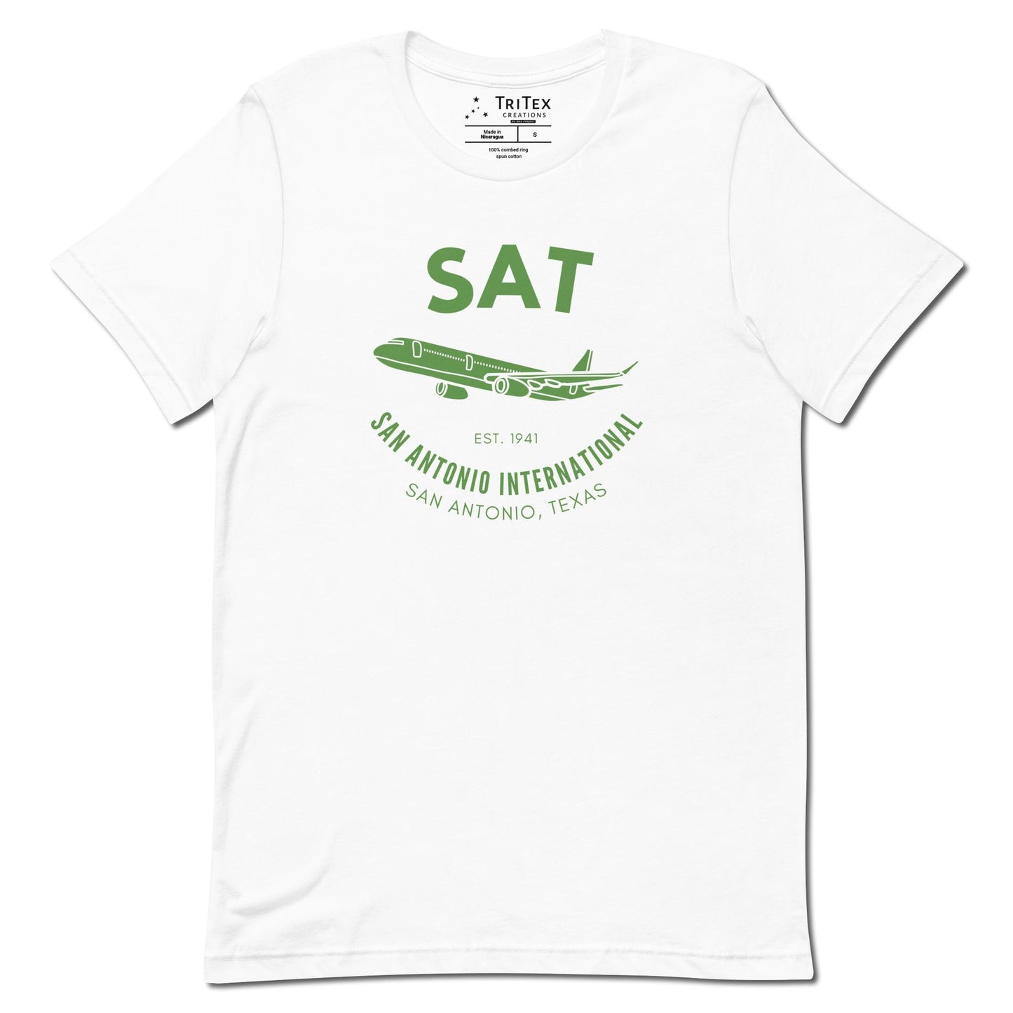 A white t-shirt featuring a silhouette of a passenger plane with the text "SAT. Est. 1941. San Antonio International. San Antonio, Texas".