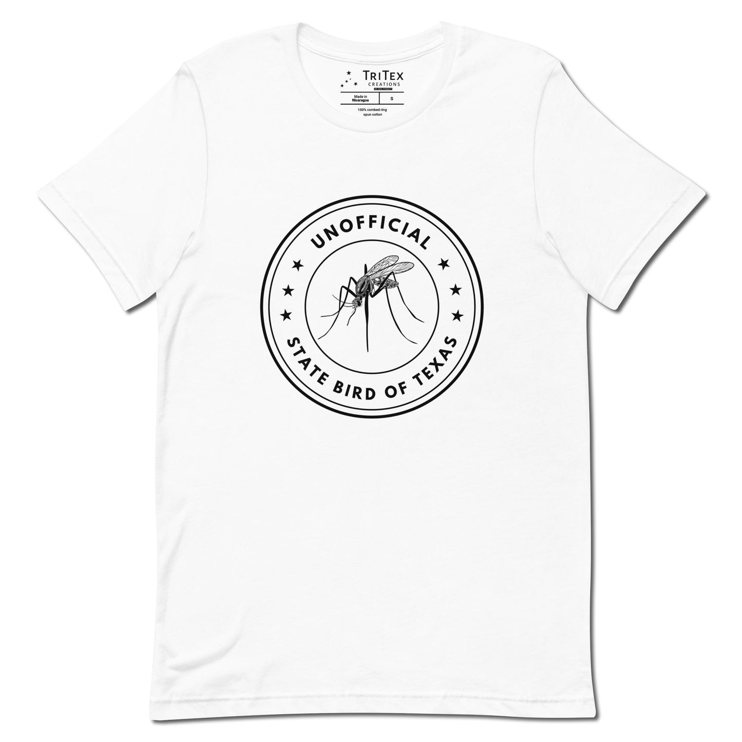 A white t-shirt featuring an image of a mosquito with the text "Unofficial State Bird Of Texas".