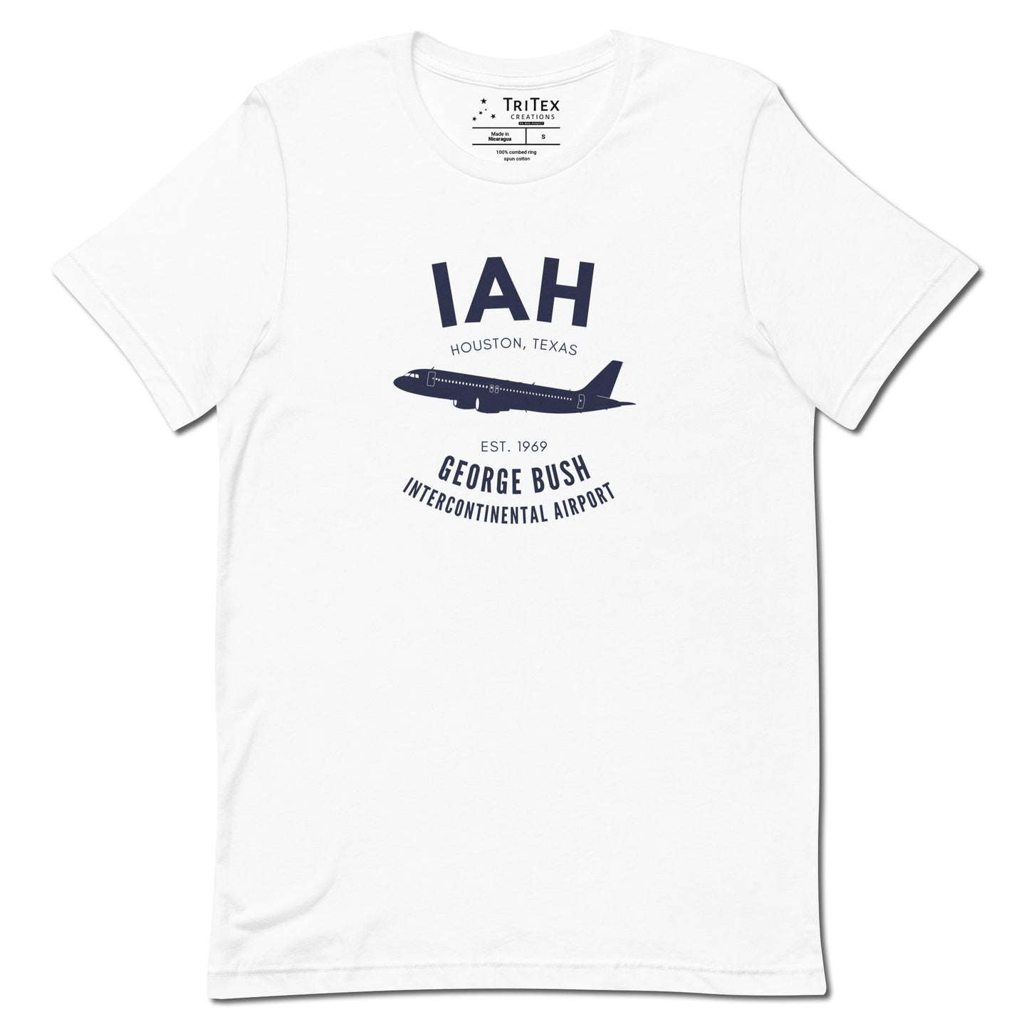 A white t-shirt with a silhouette of a passenger plane with the text "IAH Houston, Texas EST. 1969 George Bush Intercontinental Airport".