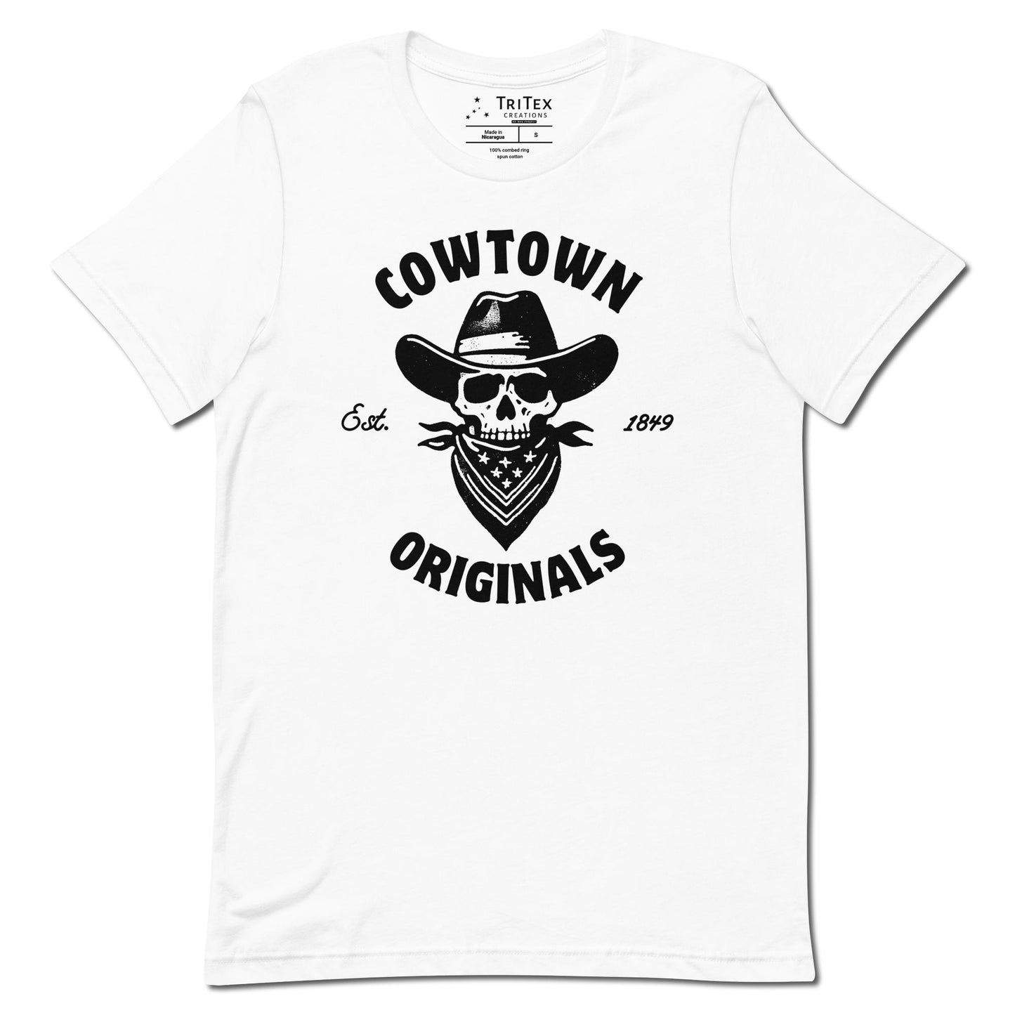 A white t-shirt with an image of a  skull in a cowboy hat and kerchief which reads "Cowtown Originals Est. 1849".