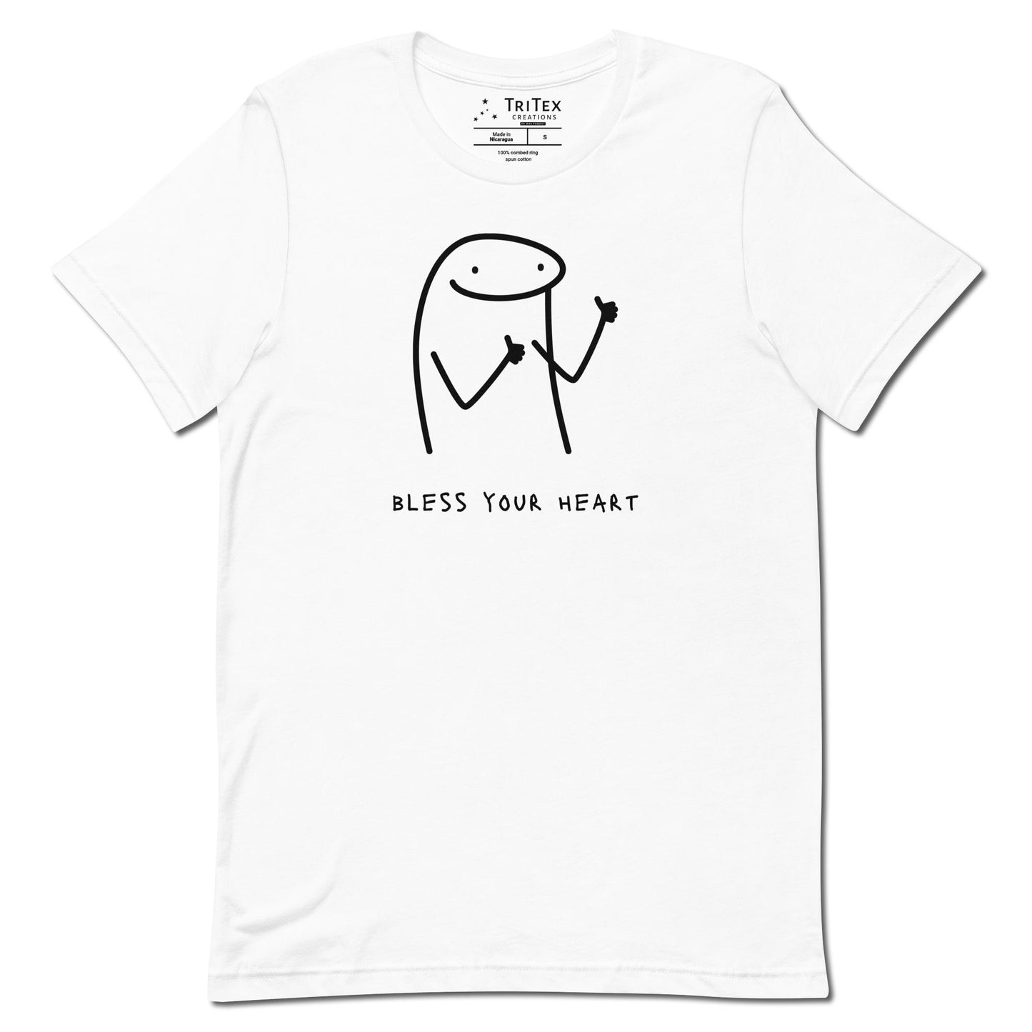 A white t-shirt featuring a cartoon character giving thumbs up with the words "Bless Your Heart" underneath.