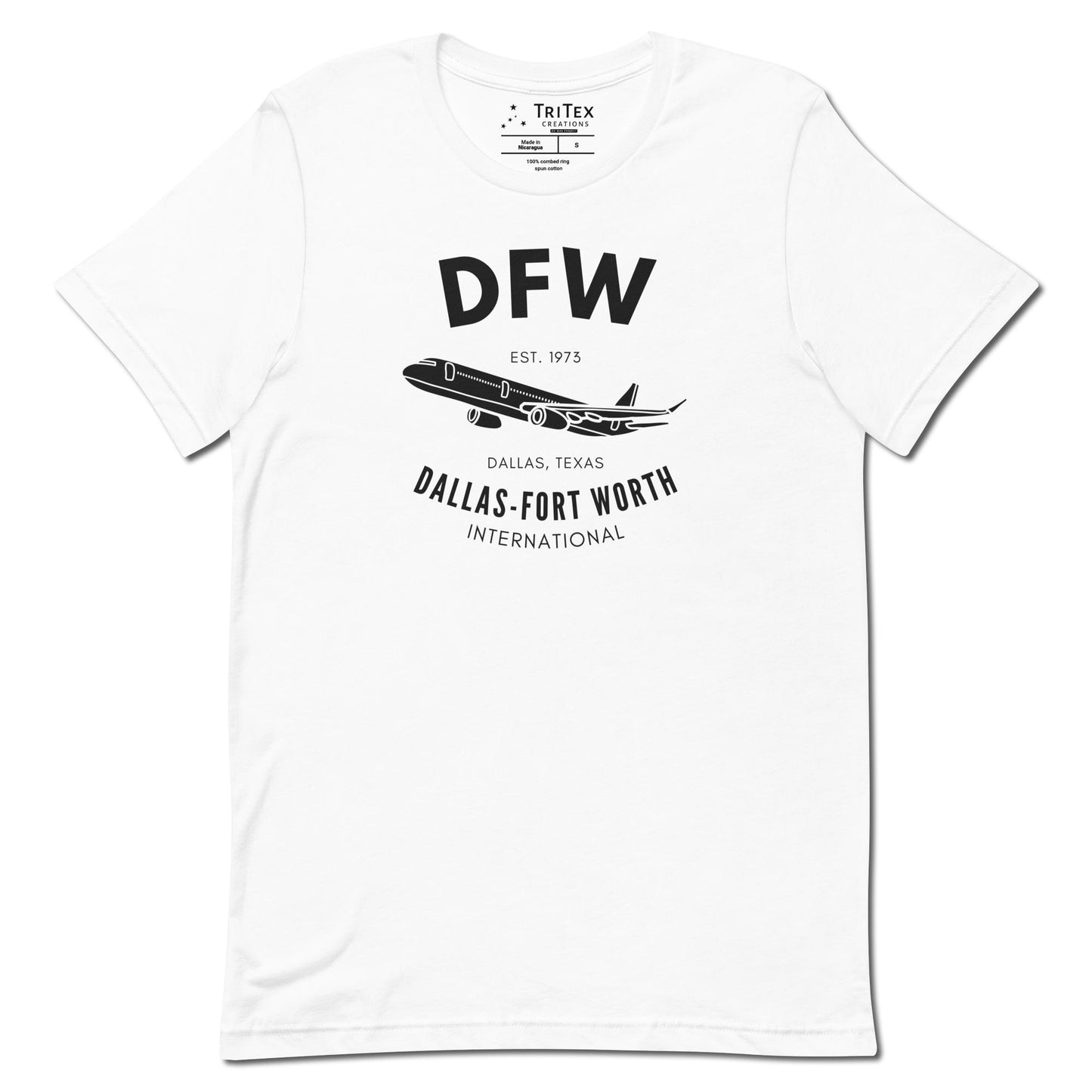 A white t-shirt featuring a silhouette of a passenger plane with the text "DFW. Est. 1973. Dallas, Texas. Dallas-Fort Worth International".