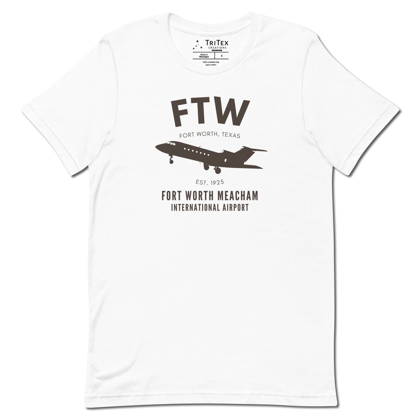 A white t-shirt featuring a small passenger jet with the words "FTW Fort Worth, Texas Est. 1925. Fort Worth Meacham International Airport".