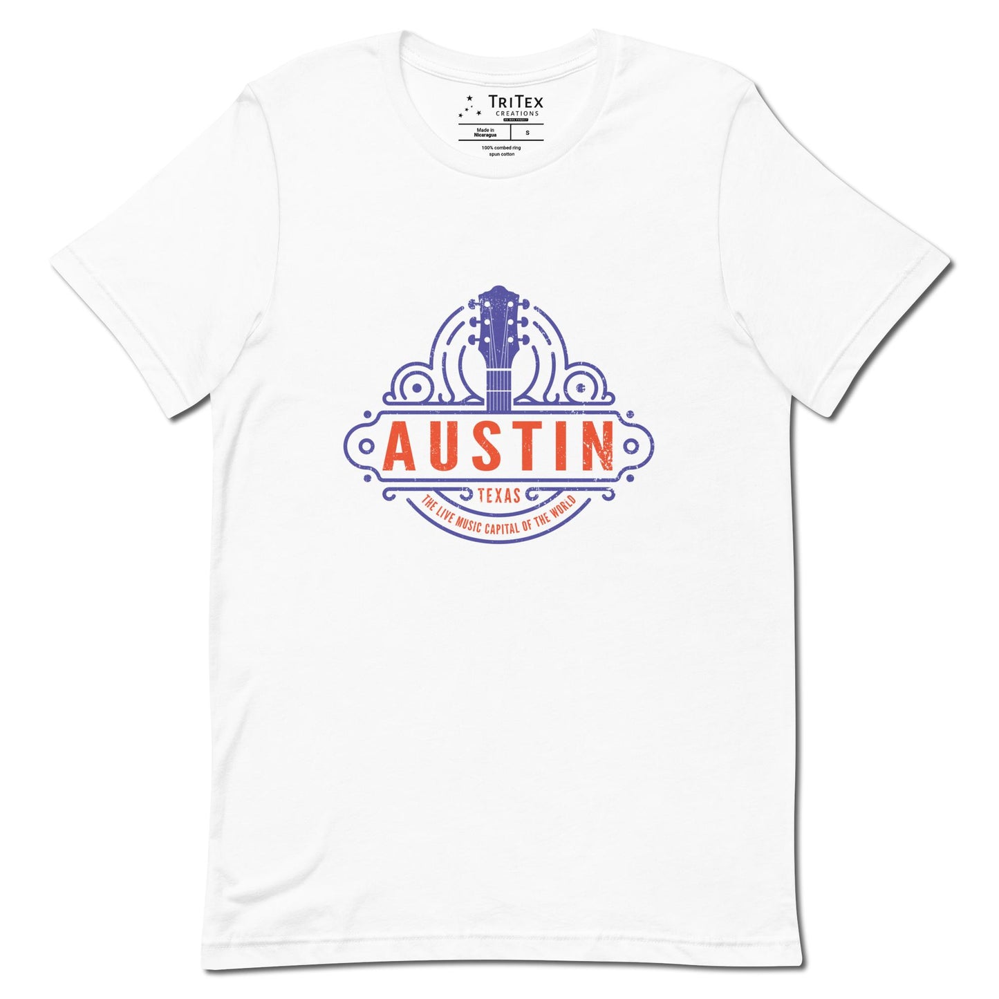 A white t-shirt featuring the head and neck of a guitar with the words "Austin Texas. The Live Music Capital Of The World."