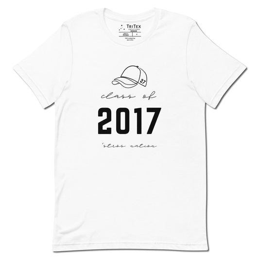 A white t-shirt with a drawing of a baseball cap #27 with the text "Class of 2017'stros nation".