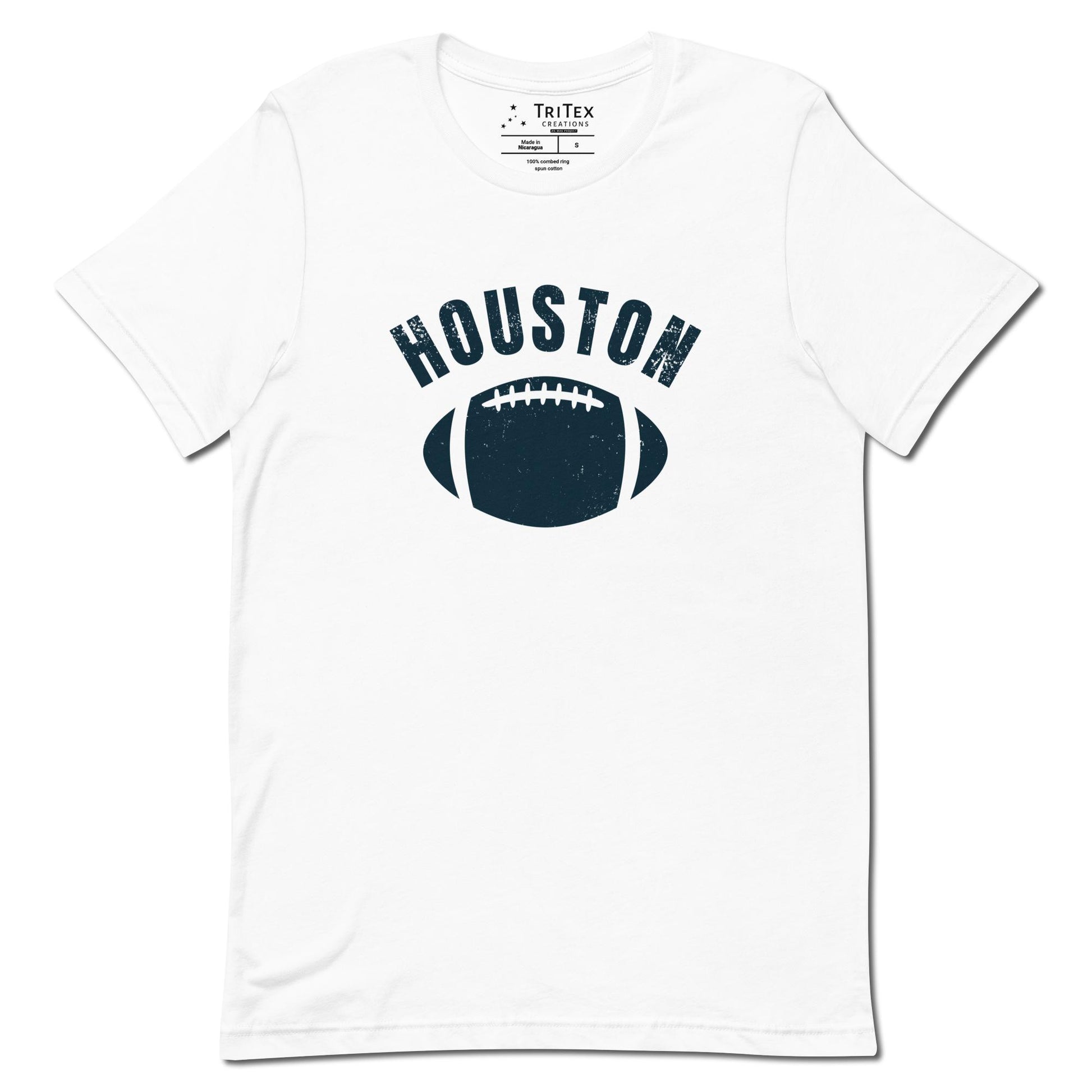 A white t-shirt featuring the silhouette of a football and the words "Houston".