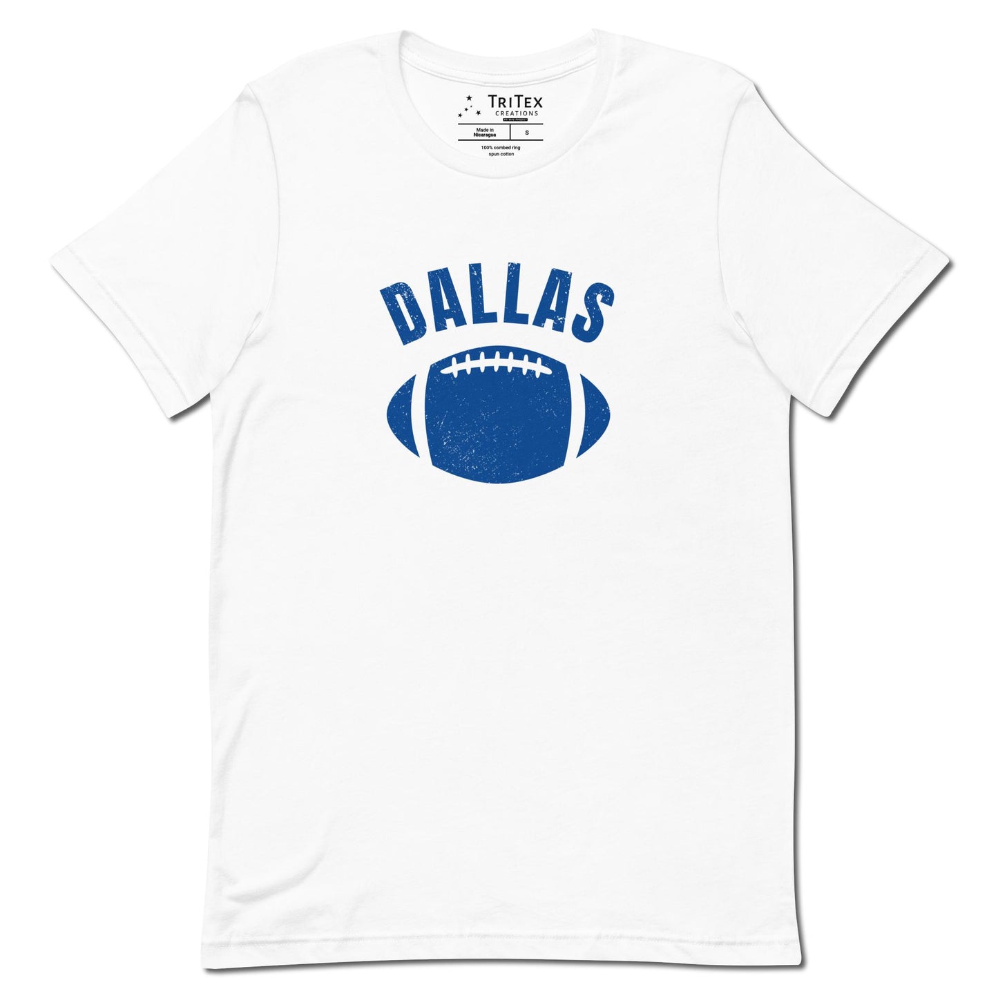 A white t-shirt featuring the silhouette of a football and the words "Dallas".