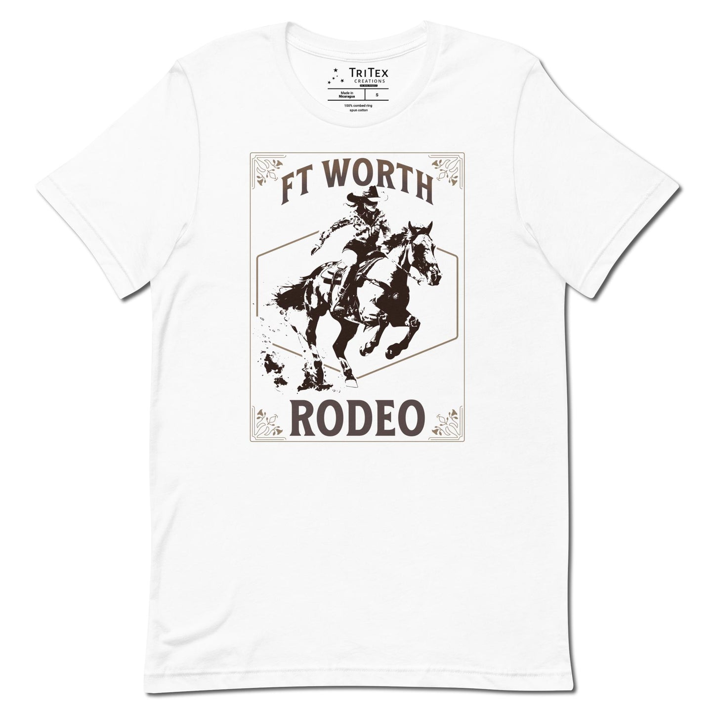 A white t-shirt featuring a cowgirl on a horse with a decorative border and the words "Ft Worth Rodeo".