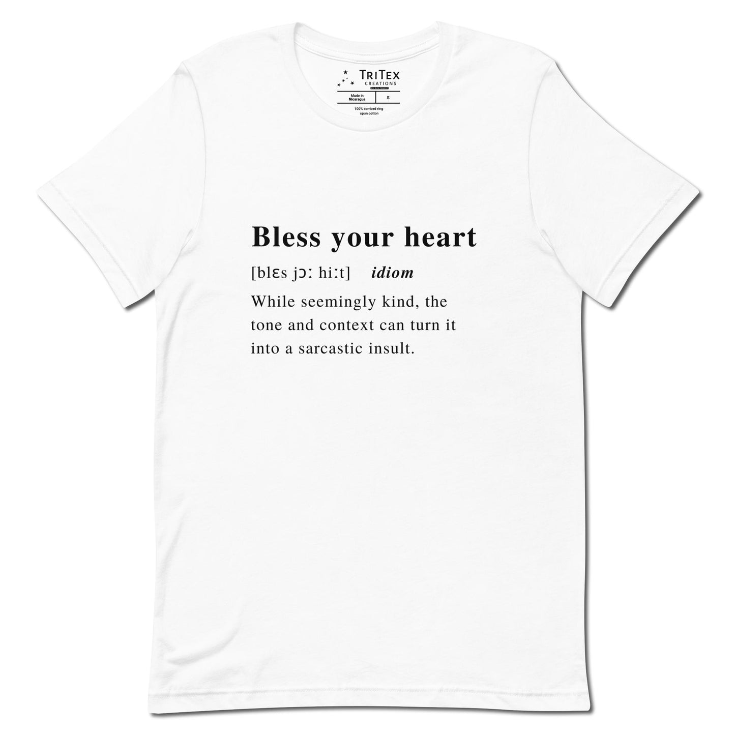 A white t-shirt with the definition of "Bless your heart" styled like a dictionary entry