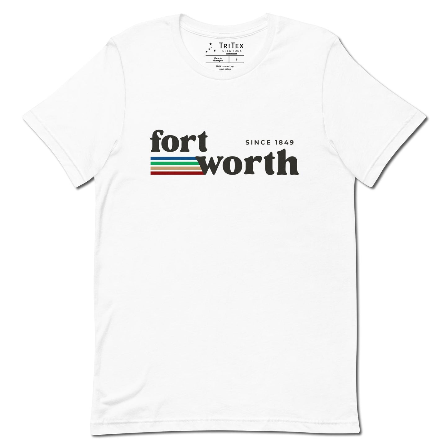 A white t-shirt with the text "Fort Worth since 1849".