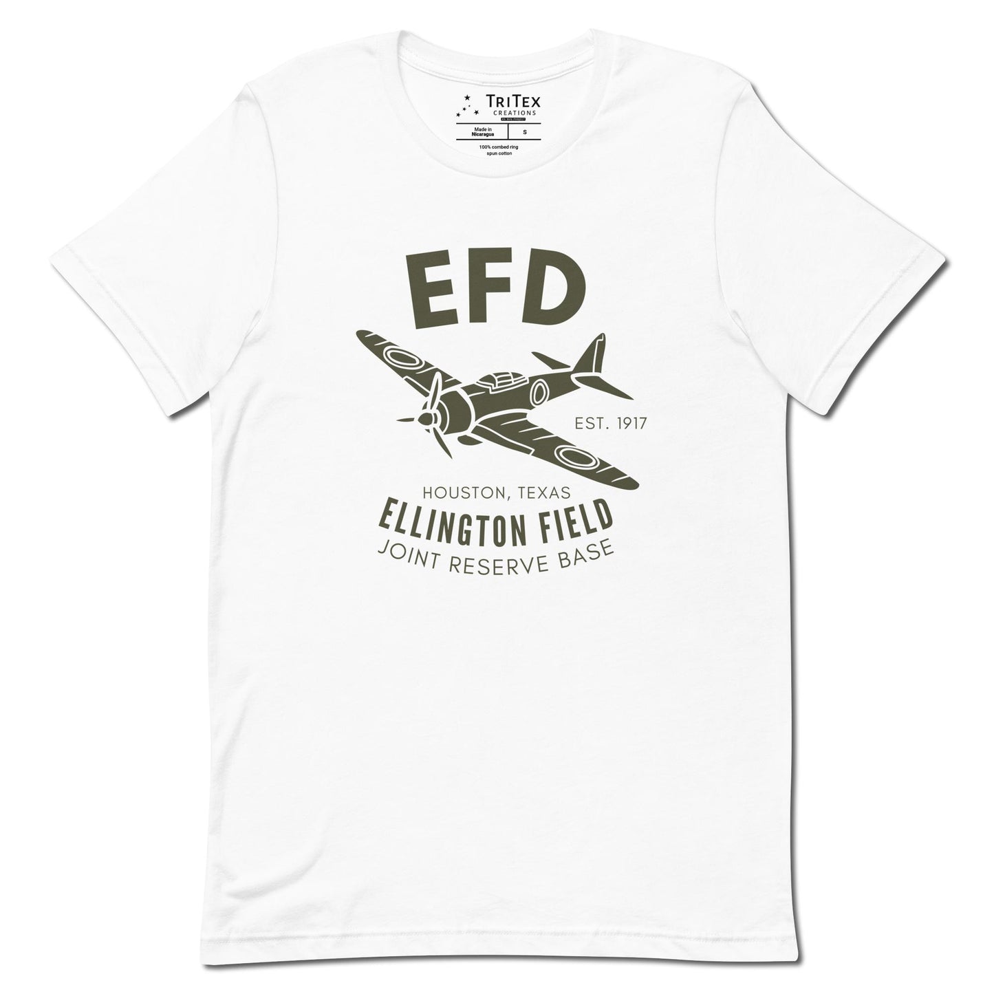 A white t-shirt featuring a vintage fighter lane with the words "EFD Est. 1917 Houston, Texas Ellington Field Joint Reserve Base".