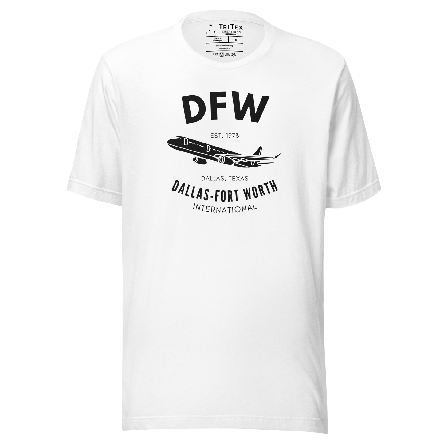 A white t-shirt featuring a passenger plane and the text "DFW Est. 1973 Dallas, Texas. Dallas-Fort Worth International".