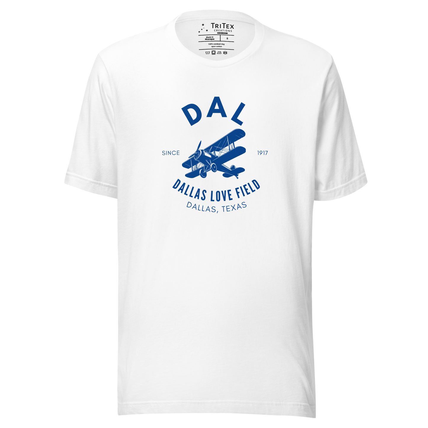 A white t-shirt with a silhouette of a biplane with the text "DAL Since 1917 Dallas Love Field. Dallas, Texas".