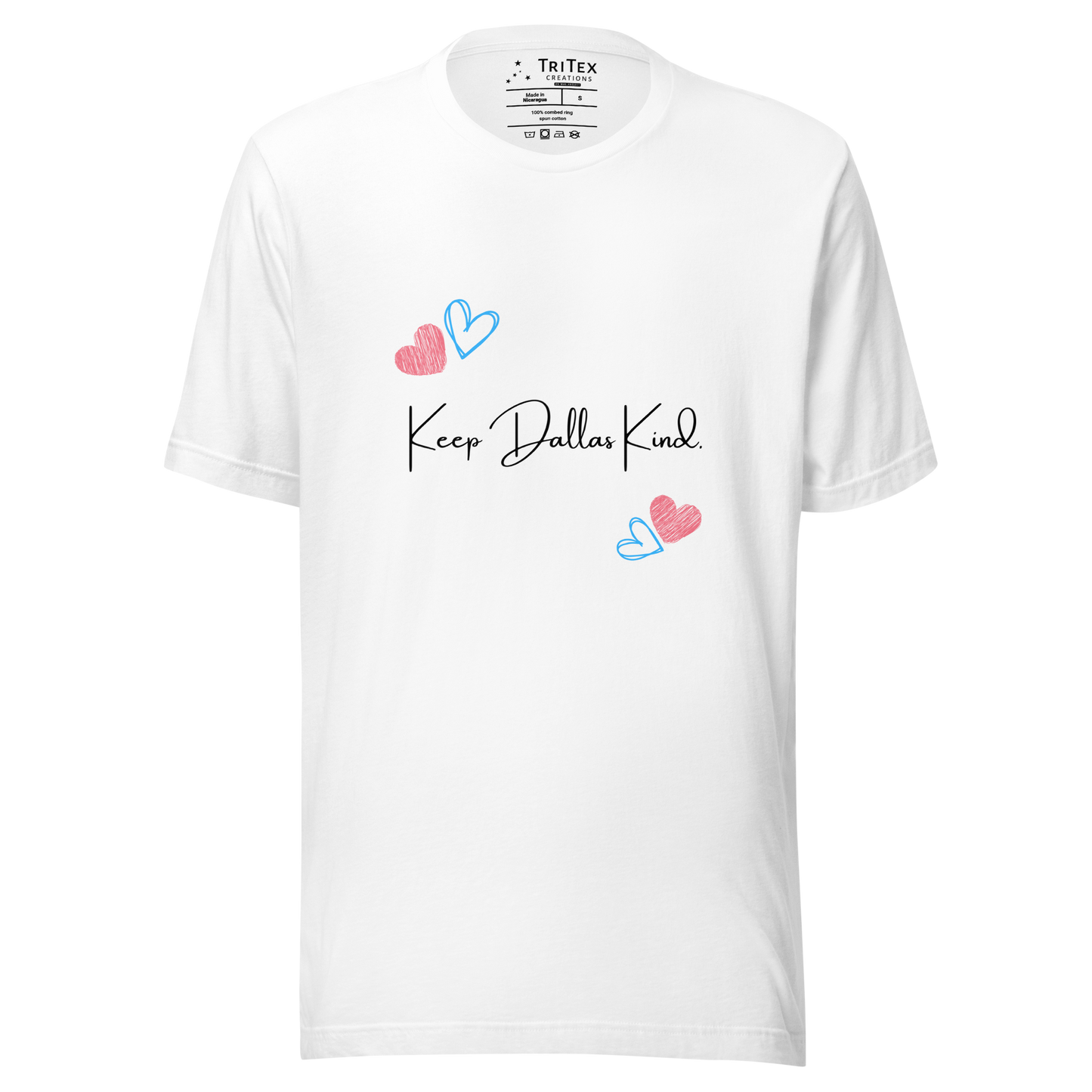 A white t-shirt with hearts and the text "Keep Dallas Kind".