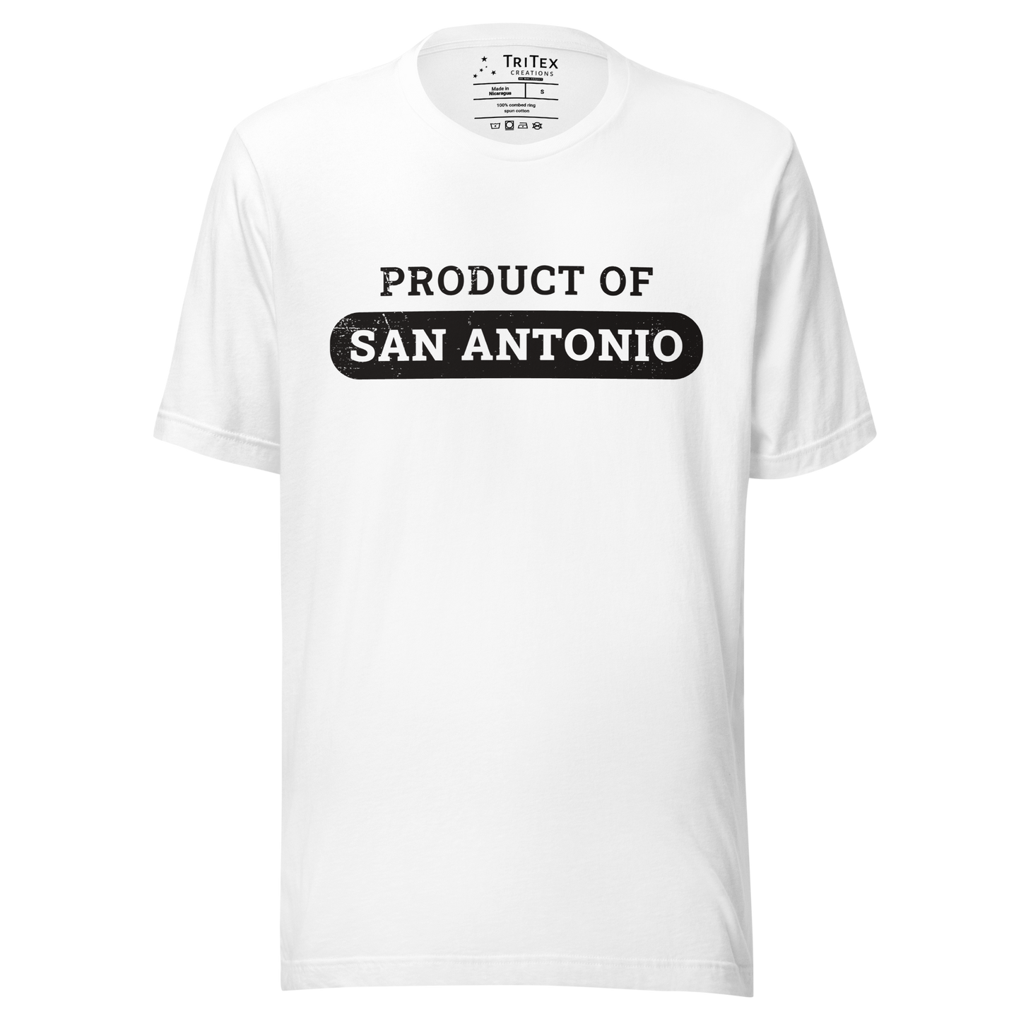 A white t-shirt with the text "Product of San Antonio".