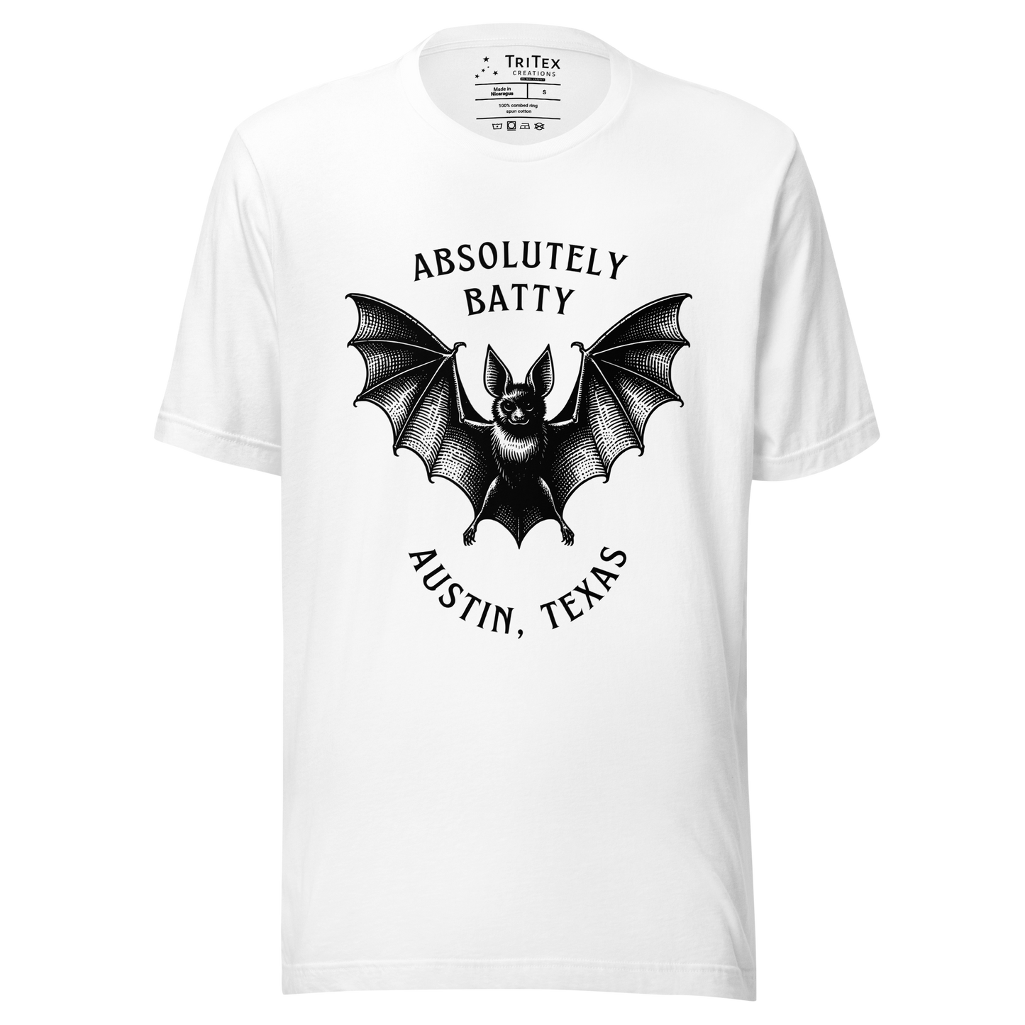 A white t-shirt featuring an illustration of a bat with the words "Absolutely batty. Austin, Texas".
