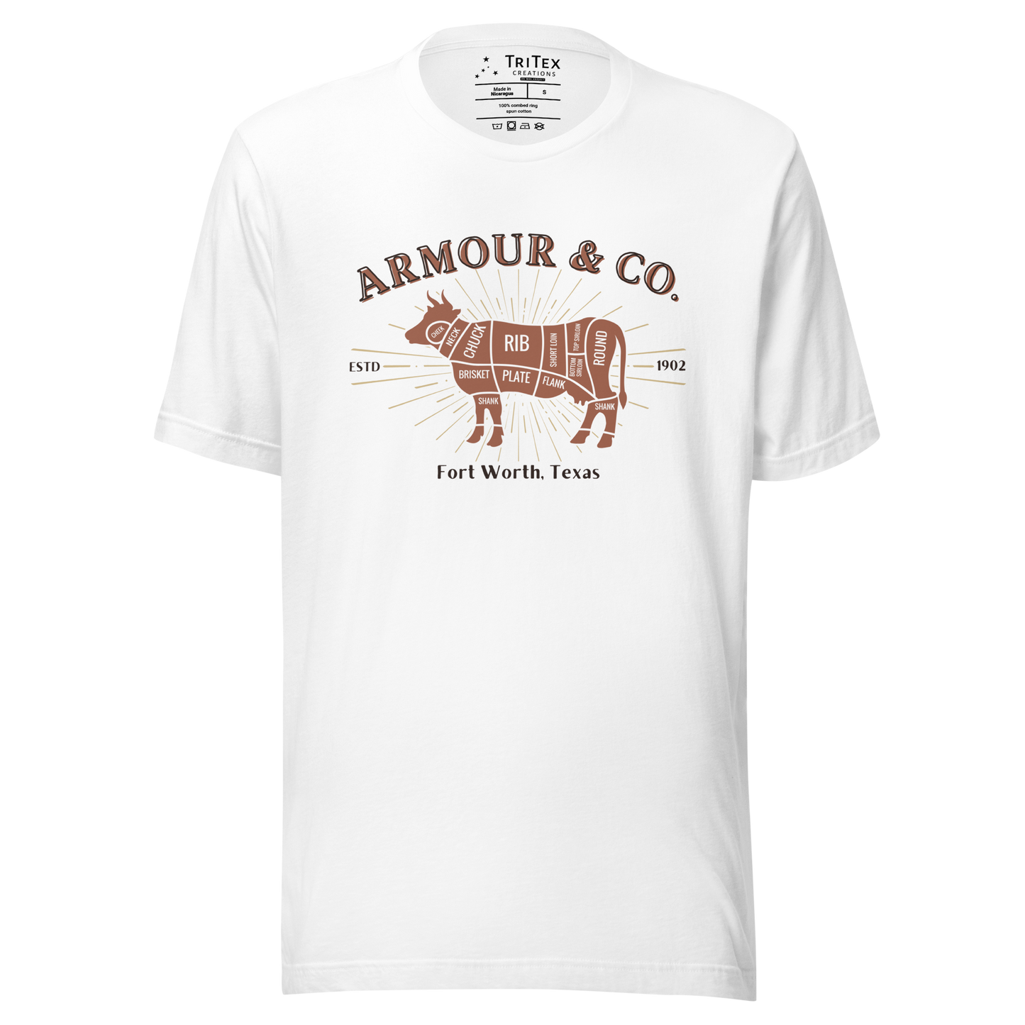 A white t-shirt featuring a silhouette of a cow with the different cuts of meat and the text "Armour & Co. Estd 1902 Fort Worth, Texas".