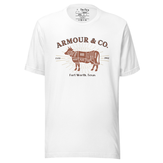 A white t-shirt featuring a silhouette of a cow with the different cuts of meat and the text "Armour & Co. Estd 1902 Fort Worth, Texas".
