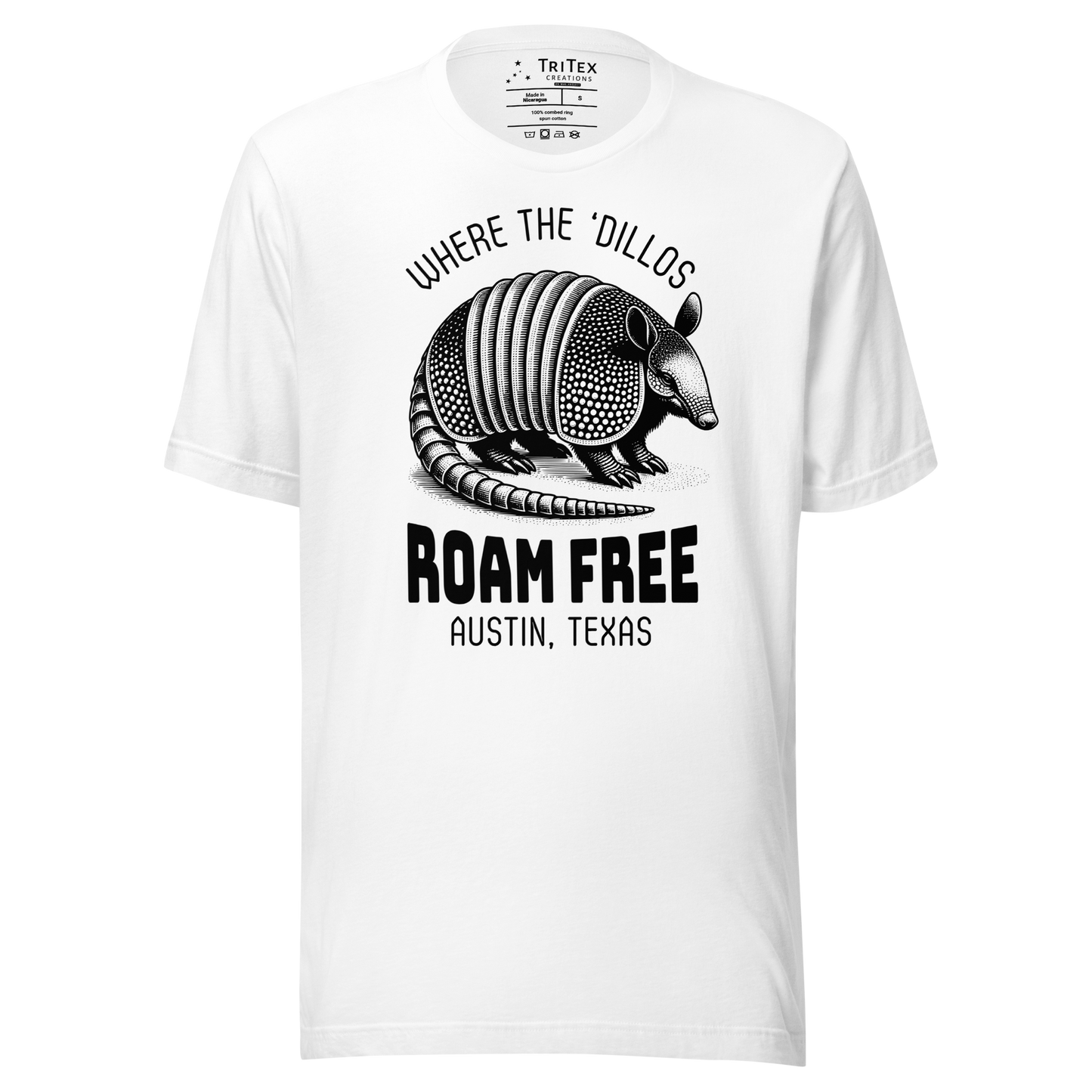 A white t-shirt featuring a vintage illustration of an armadillo with the words "Where the 'dillos roam free. Austin, Texas".