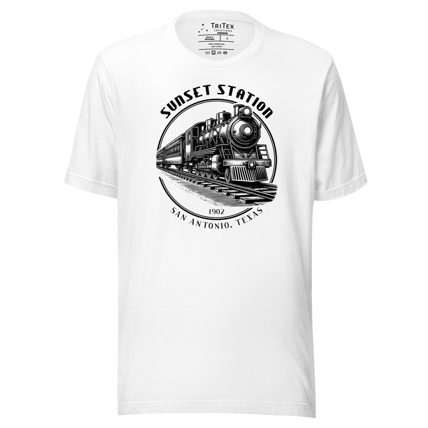 A white t-shirt featuring a vintage locomotive  with the words "Sunset Station. 1902. San Antonio, Texas".
