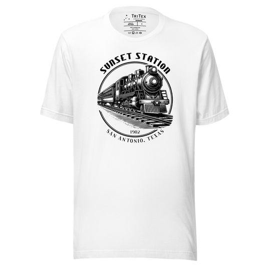 A white t-shirt featuring a vintage locomotive  with the words "Sunset Station. 1902. San Antonio, Texas".