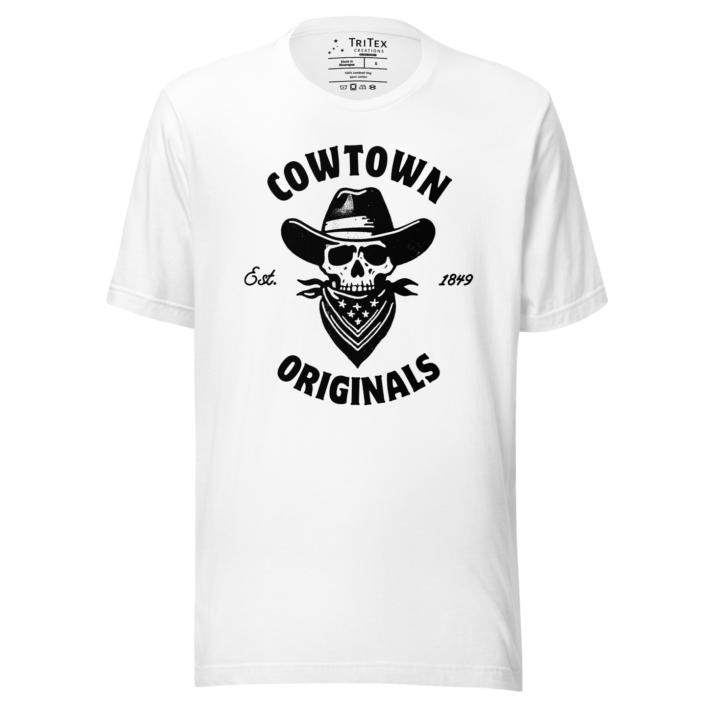 A white t-shirt with an image of a  skull in a cowboy hat and kerchief which reads "Cowtown Originals Est. 1849".