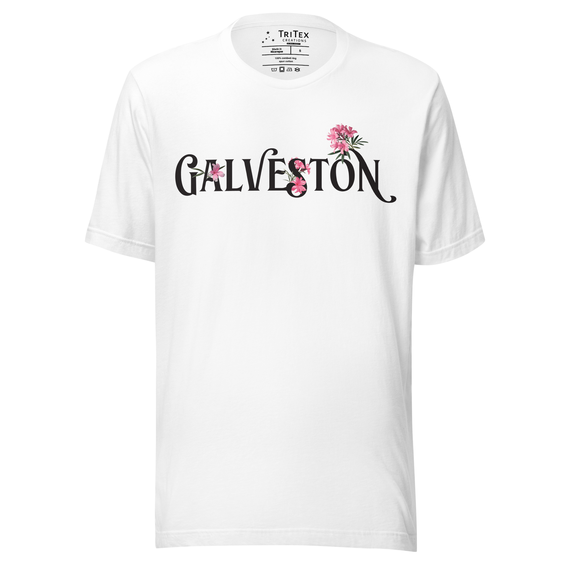 A white t-shirt with the name of "Galveston" amongst oleanders.
