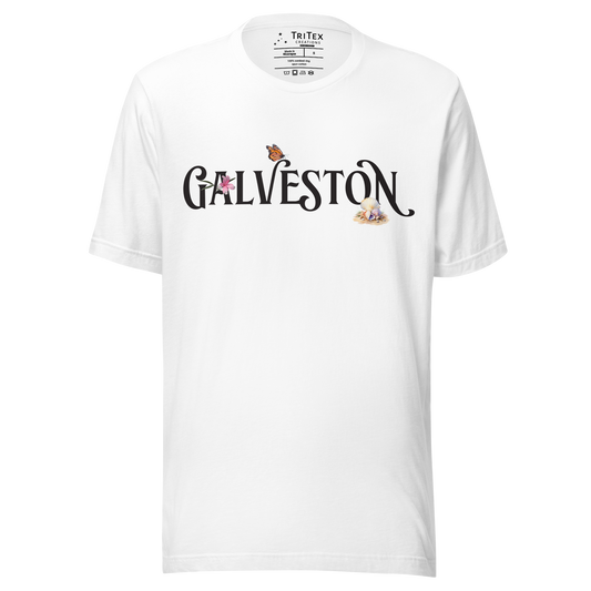 A white t-shirt with the name of "Galveston" amongst oleanders, butterflies and seashells.