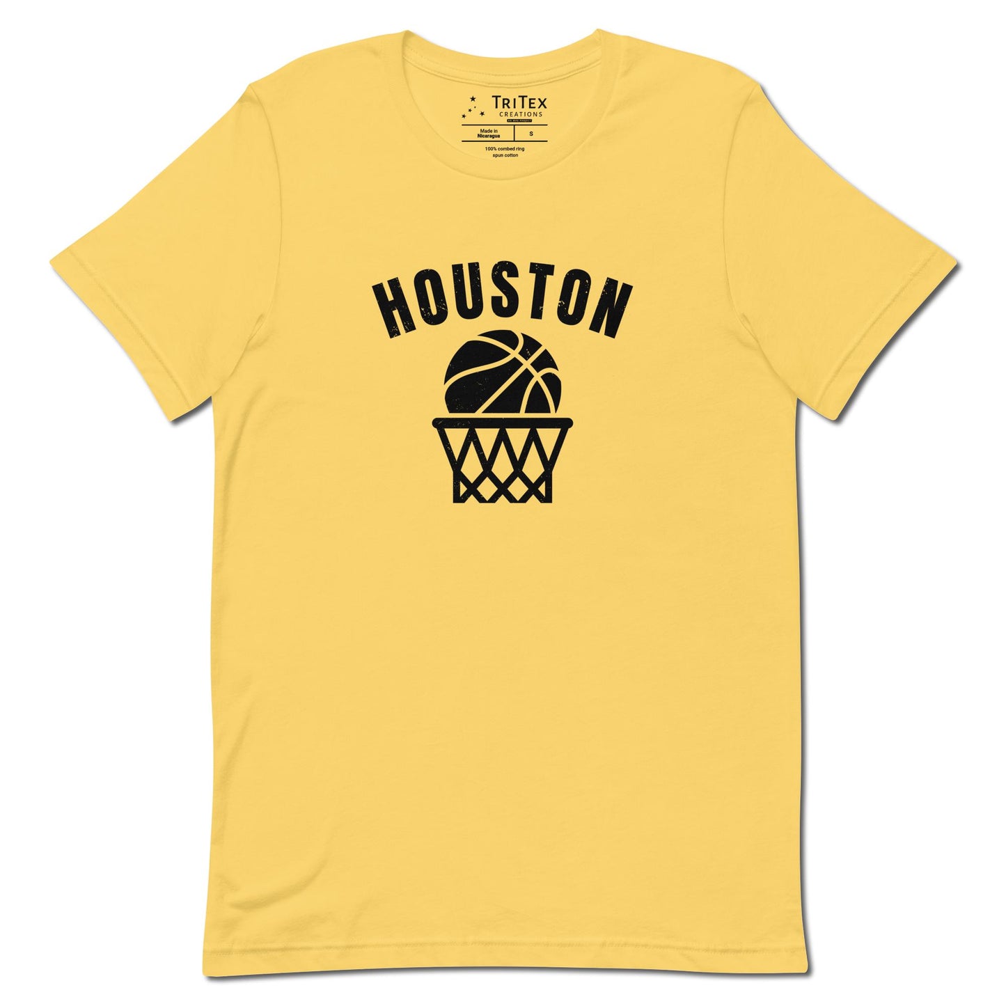 A yellow t-shirt featuring a basketball and net with the words "Houston".