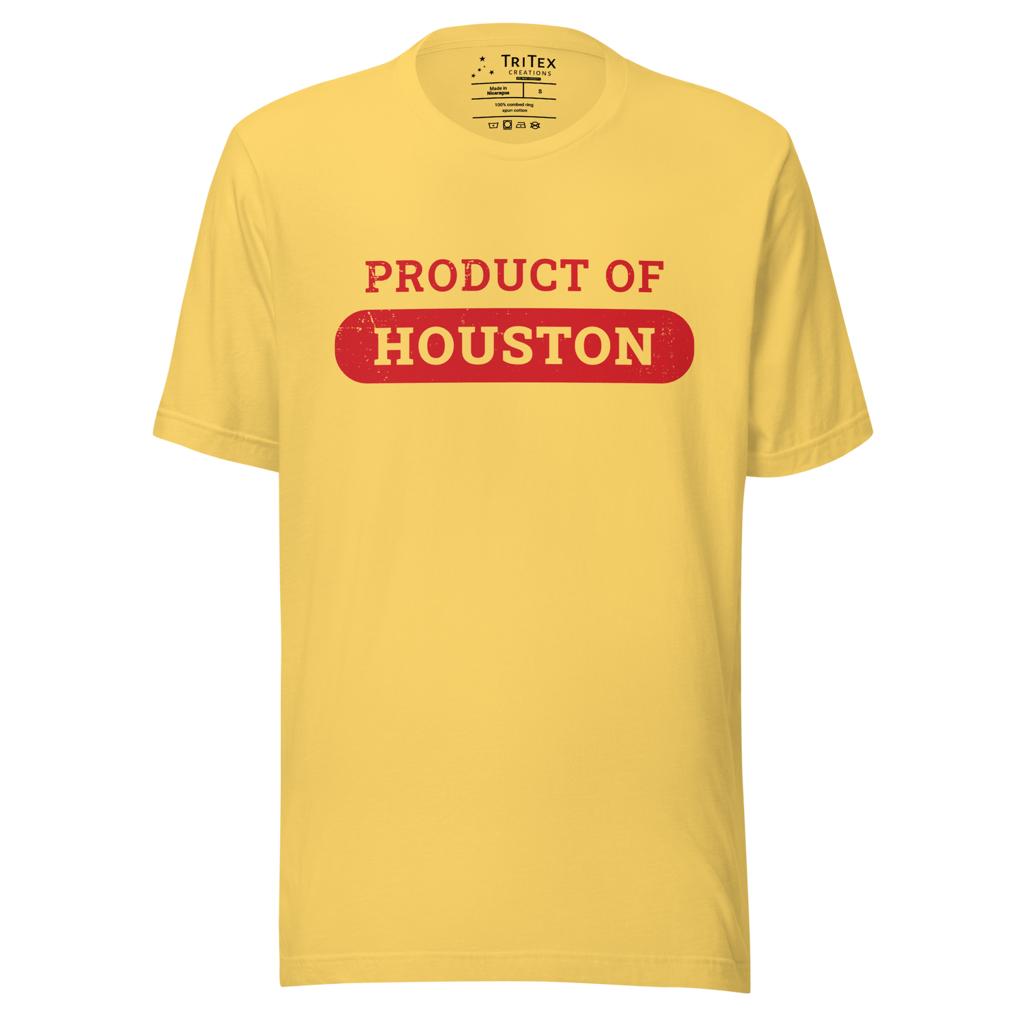 A yellow t-shirt that reads "Product of Houston".